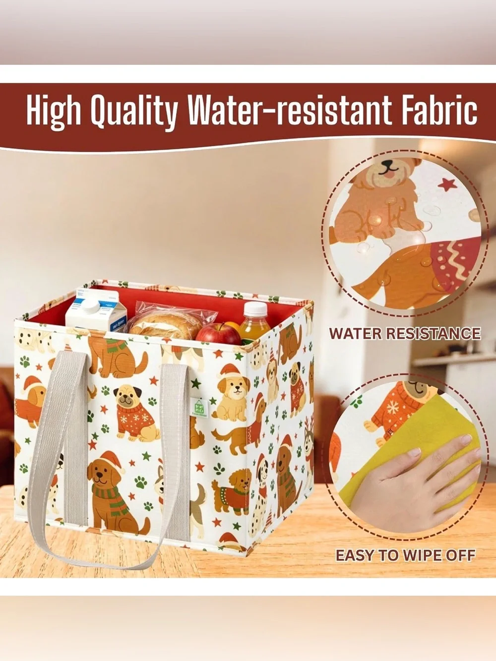 Reusable Dog-Print Utility Tote Bag - White with Tan Handles